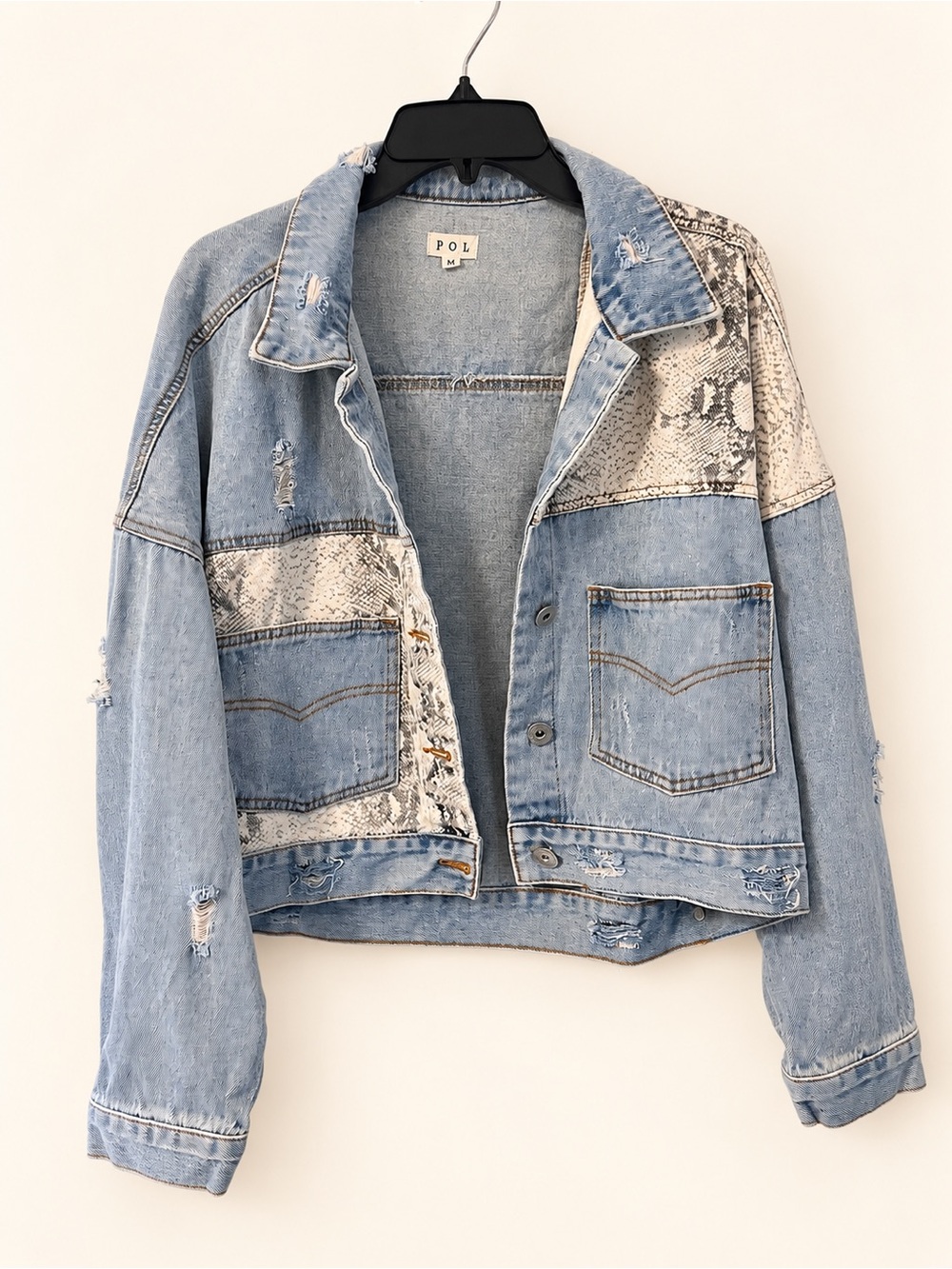 POL Light Blue Distressed Denim Jacket with Snake-Print Accents
